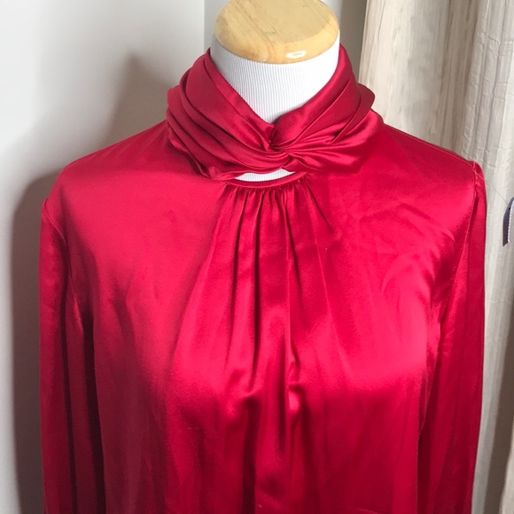 VTG Red Silk Satin Balloon Button Sleeve Blouse L - Picture 4 of 16